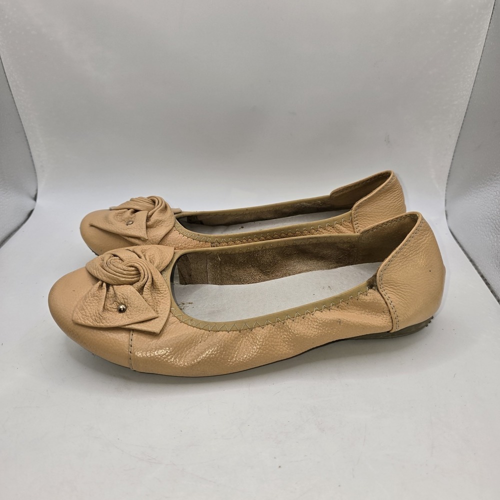 Women's Nude Peach Leather Bow Flats Ballet Slip-On Shoes US 7.5 Elastic Trim
